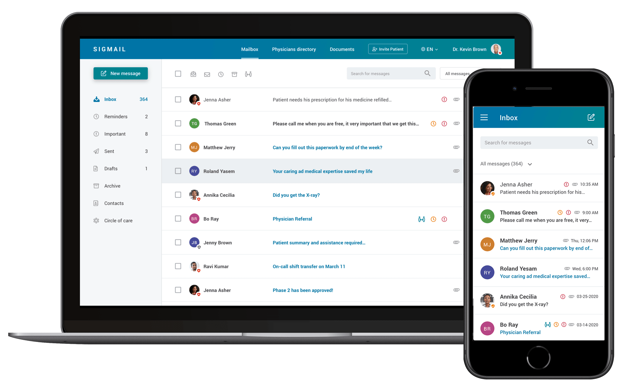Sigmail UI in cell phones and desktop